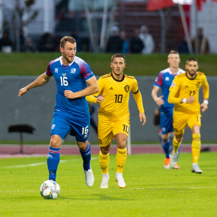 Rúnar Már S. Sigurjónsson playing for Iceland against Belgium