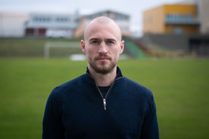 Portrait of Rúnar Már S. Sigurjónsson at a football ground in Akranes